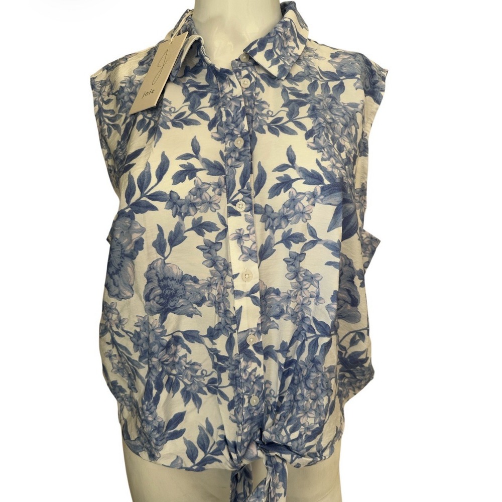 Joie Button Up Blouse Floral Front Knot Sleeveless Blue White Womens Large
